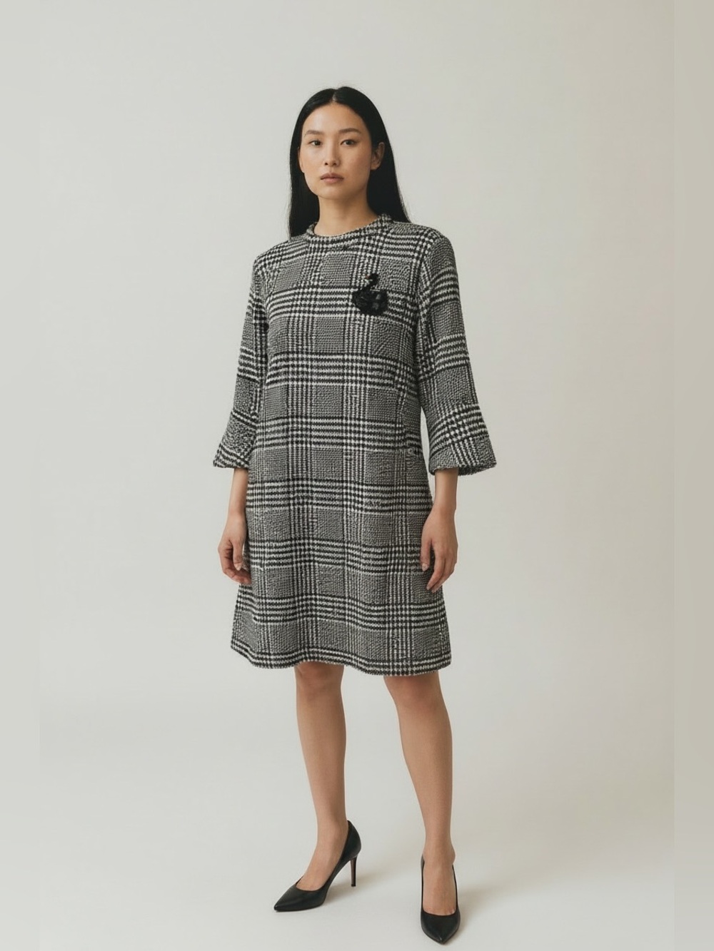 H&M Houndstooth Black and White Dress with Swan Sequin Appliqué, size 12